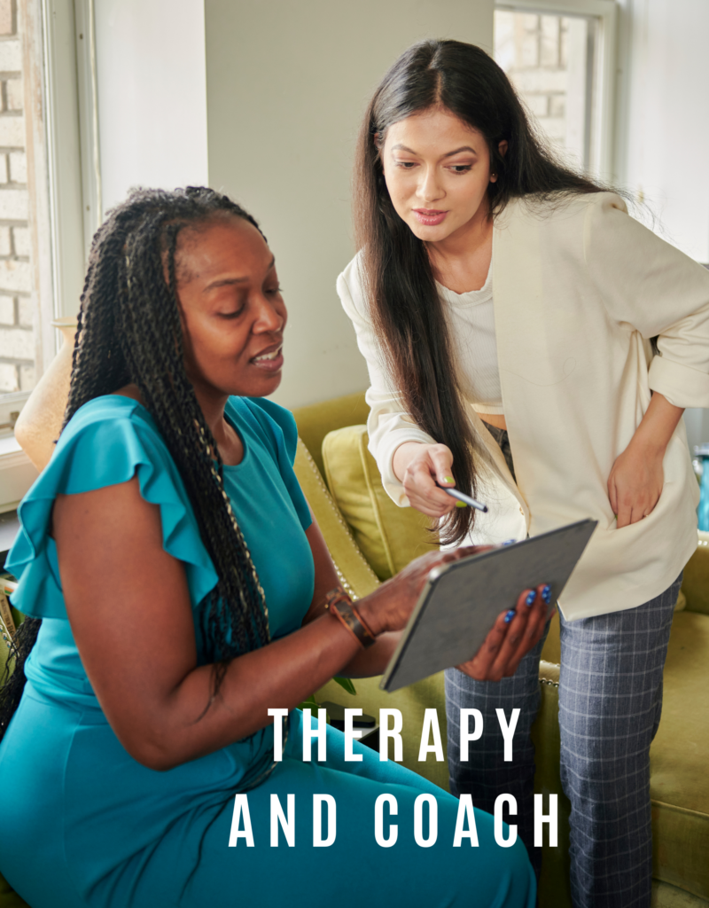 Illustration comparing therapy and coaching, highlighting differences in focus, training, and goals.