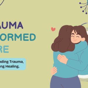 "A compassionate counselor supporting a trauma survivor, representing trauma-informed care training"