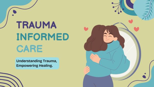 "A compassionate counselor supporting a trauma survivor, representing trauma-informed care training"