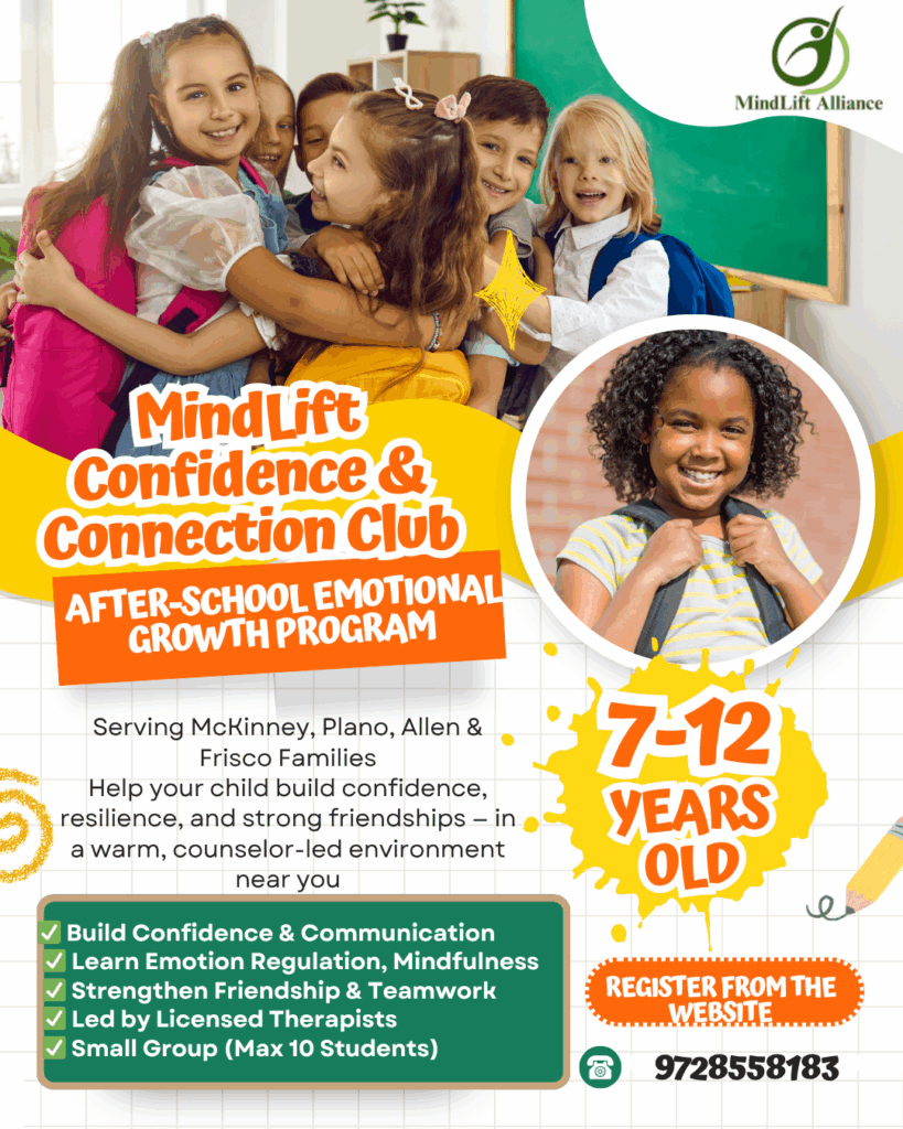 Bright and playful illustrated flyer for MindLift Alliance after-school program in McKinney, Texas, helping children ages 8–12 build confidence, emotional growth, friendship, and mindfulness — serving families from Plano, Allen, and Frisco.”